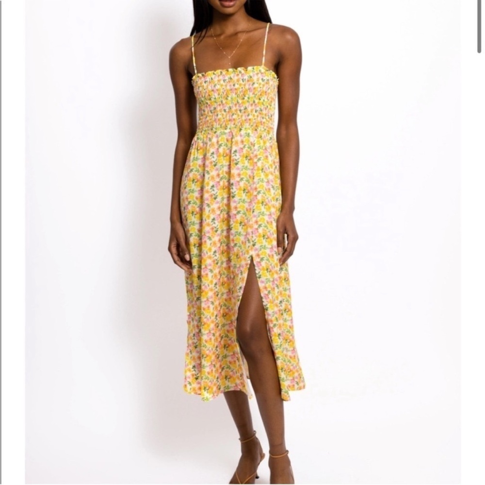 Resa Ashley Midi Dress Yellow Floral Smocked